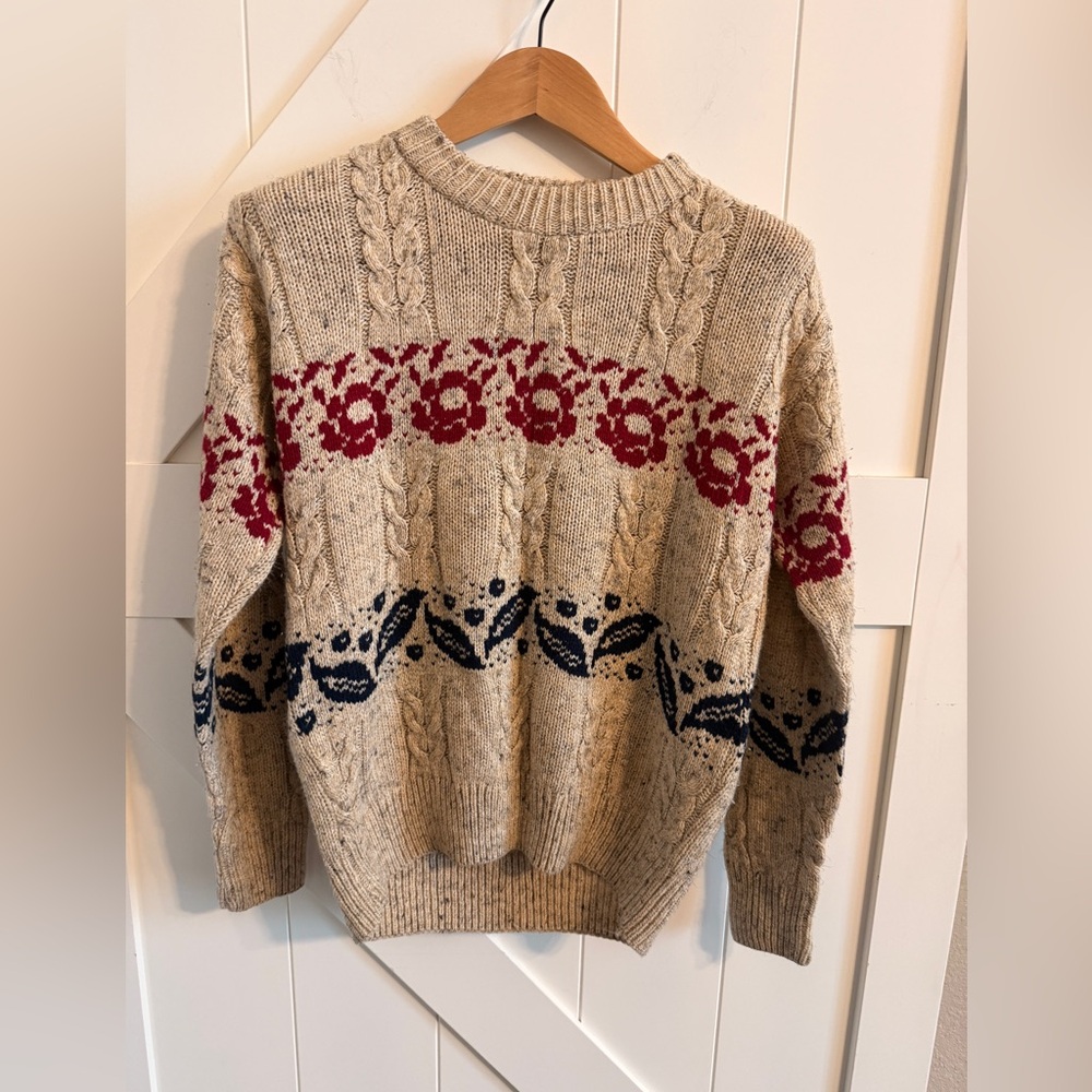 French Navy Vintage Sweater Floral Tan Red Blue Small